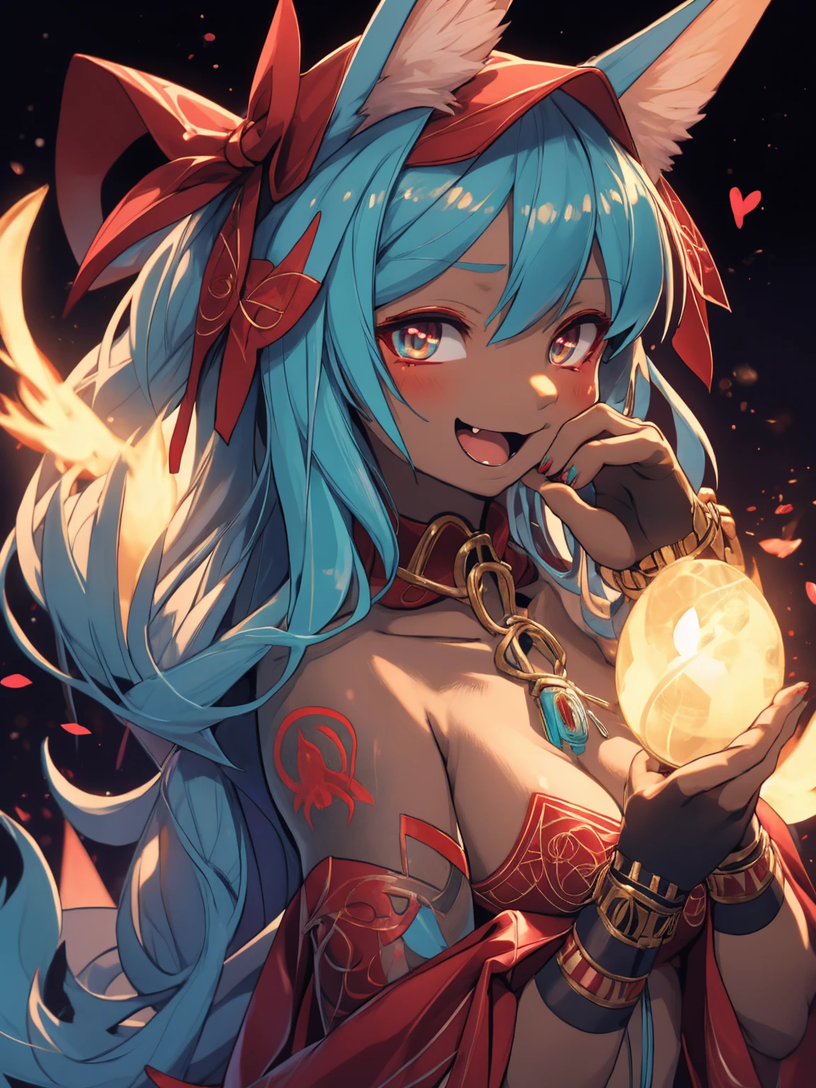 Miku Hatsune, High Definition, kitsune ears, tribal tattoo, flirtatious girl, Small breasts add_detail, magician girl add_detail, sensual pose, horny girl, expression of pleasure, He puts his hands to his face with an expression of joy._detail 