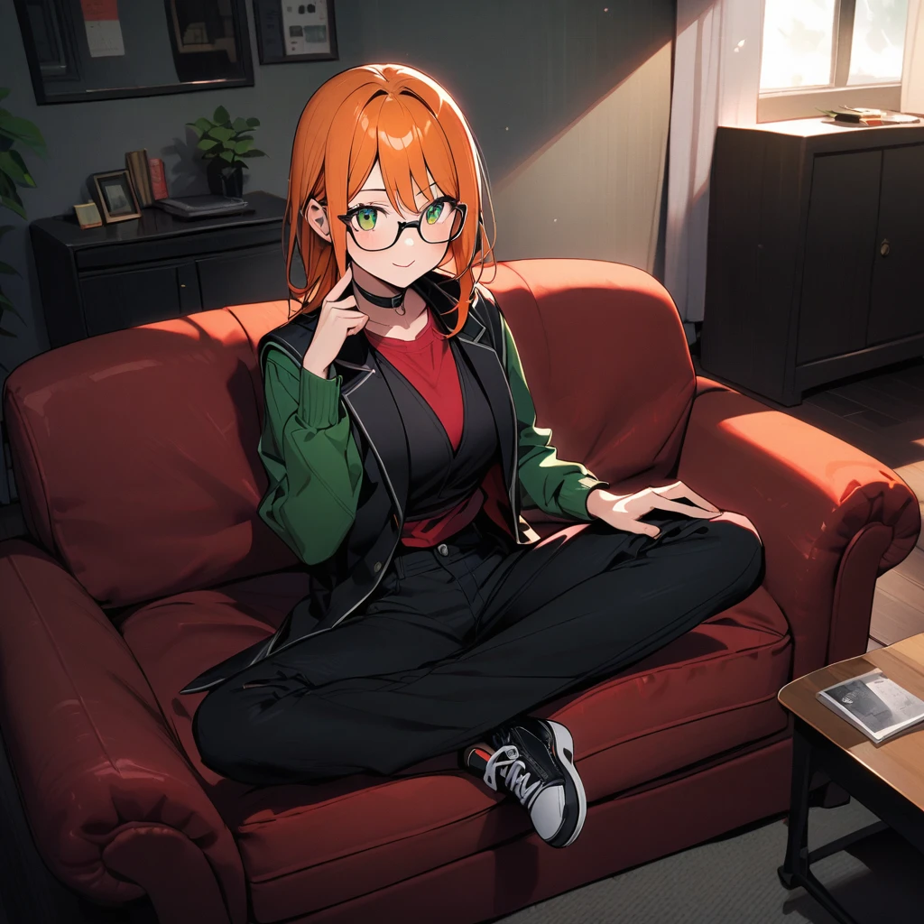 (well done: 1) one woman, long straight orange hair, green eyes, glasses, black choker, black vest, red long-sleeved shirt under the vest, black pants, black sneakers. sitting in a living room.
