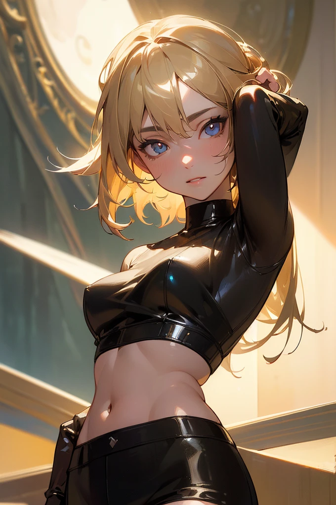 (photorealistic:1.4), (masterpiece, sidelighting, finely detailed beautiful eyes: 1.2), masterpiece*portrait, realistic, 3d face, glowing eyes, shiny hair, lustrous skin, solo, embarassed, (midriff), black underwear, blonde hair,nud