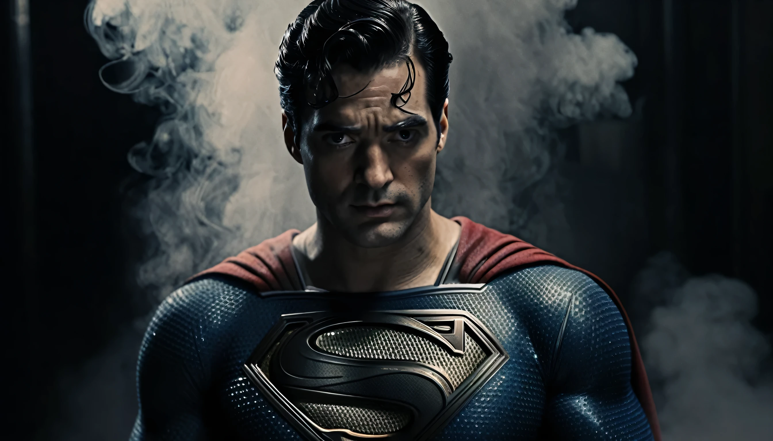 ultra detailed, high resolution, ultra realistic, masterpiece, beautiful, gritty portrait of superman, noir theme, muted colors, 8k definition, digital render, set against a textured background, coming out of smoke, 3/4 shot,