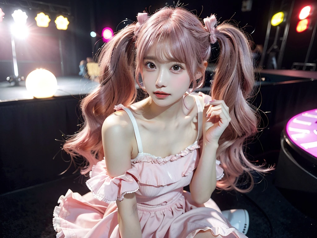 Shot with a top-of-the-line camera. highest quality, ultra-detailed, intricately detailed, high resolution, 8k, One woman. (very large breasts:1.3), A youthful look of about 15 years old. Slim and well-proportioned, (pink hair in twintails:1.3), fair skin. She is wearing a pink frilled mini-skirt dress. She is singing on the stage of a live venue, illuminated by the many lights of the live show.