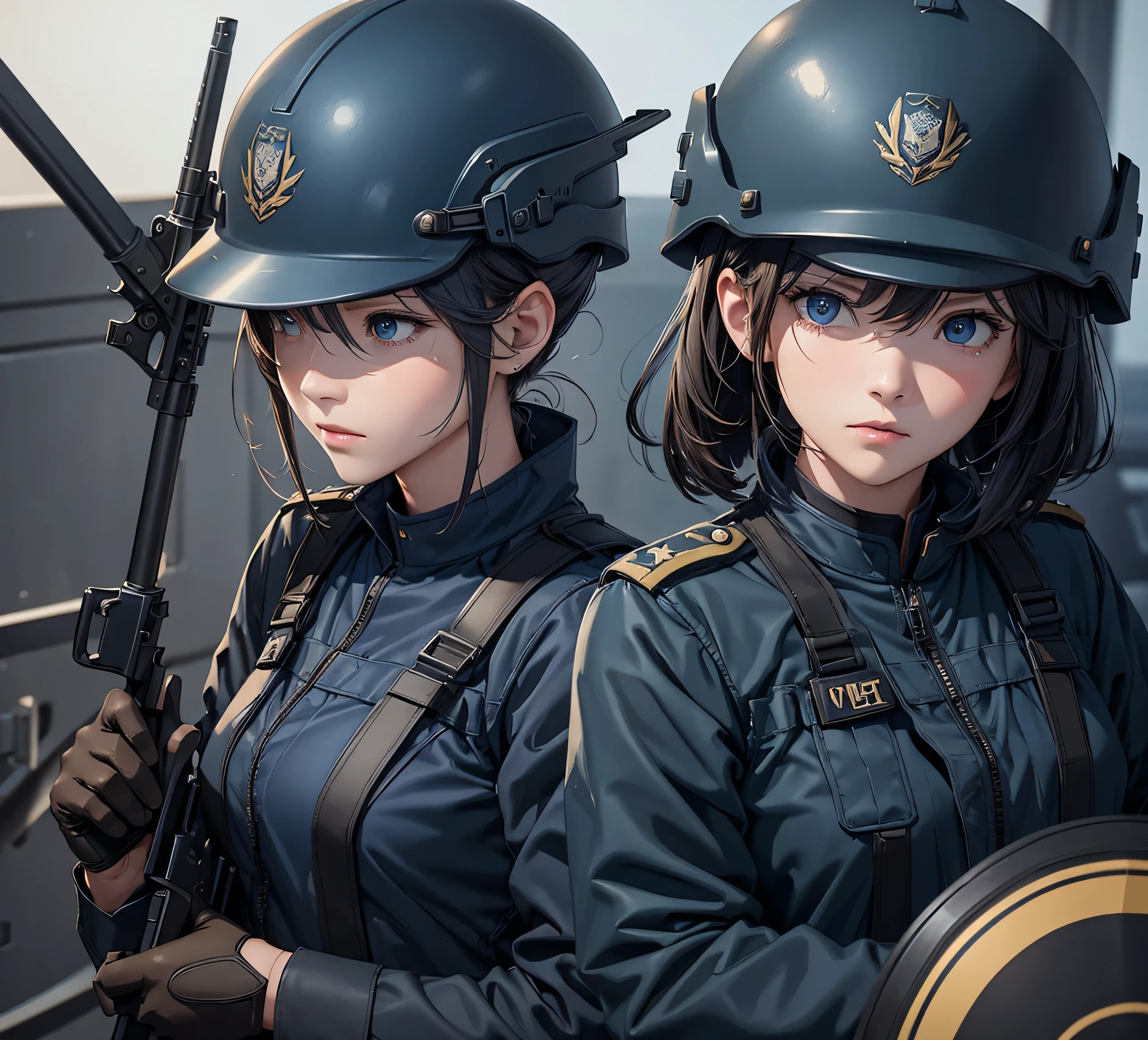 A group of female soldiers wearing DarkBlue military uniforms,Wear a steel helmet、Military Pants、Individual equipment set、Alert with guns、Write details、masterpiece、best quality、Highly detailed CG、8K picture quality