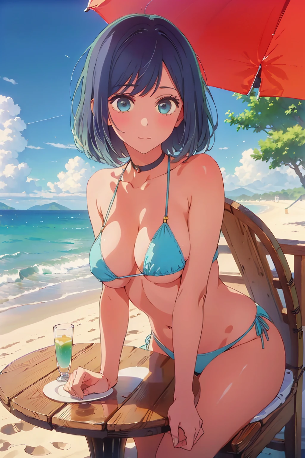 (Highest quality:1.4、masterpiece:1.4、Super detailed:1.4、8K:1.4)、((((1 person、Surprised expression、sit、Cafe Terrace、coastal、juice、table、Sandy Beach、juiceのグラスを持つ、Micro Bikini、Very soft boobs、Leaning forward、Big eyes、Very cute face))))、(areolae:1.4)F cup bust、Medium breast、Underboob