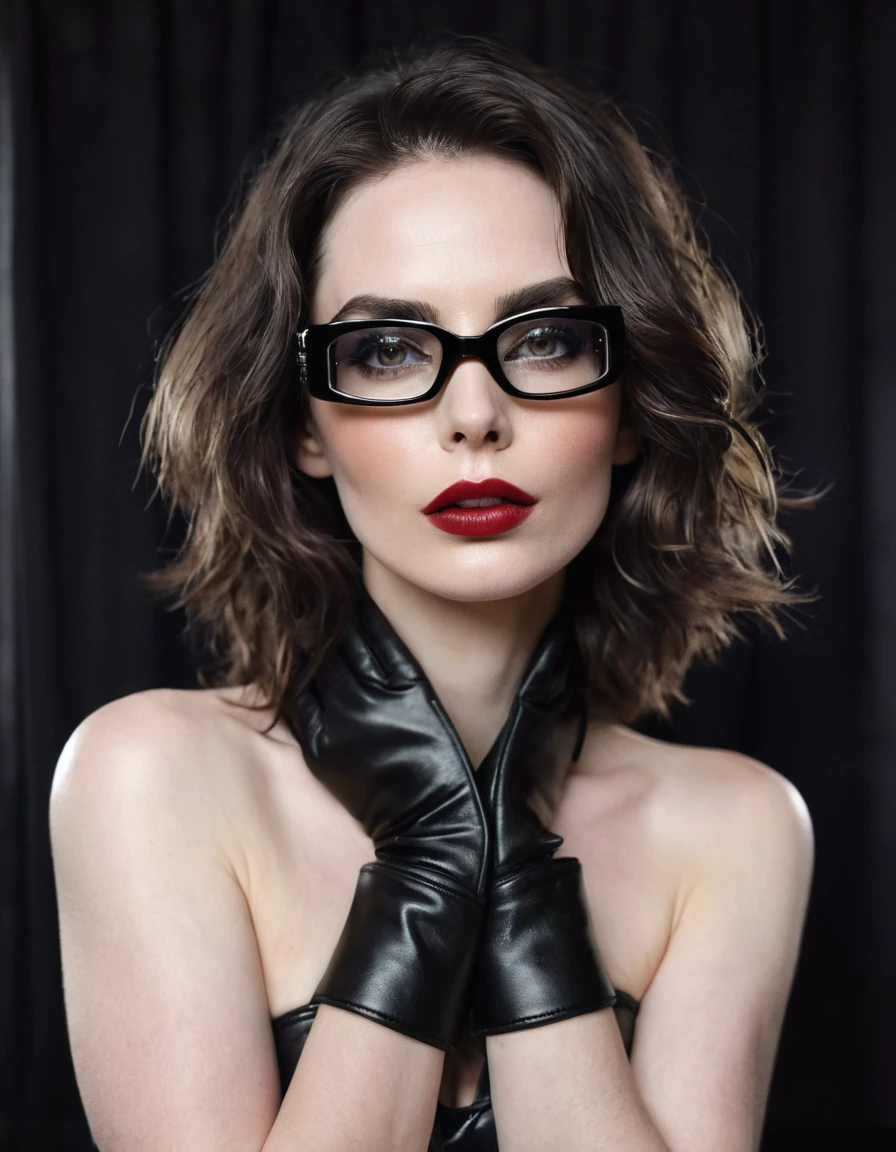 A polaroid shot of an intelligent 35-year-old dominant brunette with disheveled hair, a very thin face, pale white skin, very high cheekbones, large full lips, the largest lips, small glasses, deep mouth, dark plump glossy lips, very bright makeup. Very thin. Naked sexy model. in bdsm style. Wearing in leather gloves. A magnificent hairstyle. Shiny steel bracelets on top of black gloves. and Shiny steel bracelet necklaces are on her wrists. She wears a leather harness over her head and face. Leather garters on his feet. A sexy pose. 