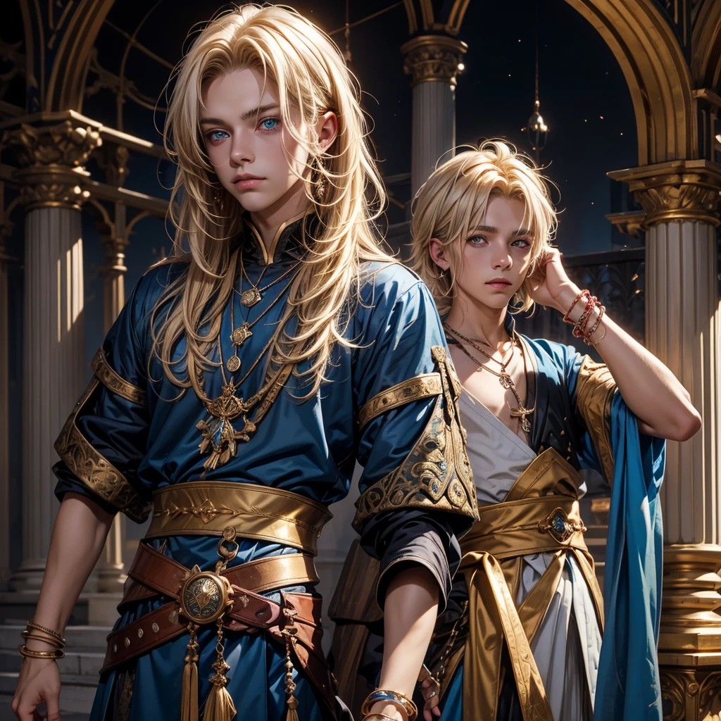 Create me a 17 year old male teenager,  messy blonde hair with some white strands , golden eyes, a necklace with a blue stone and some details,  a black medieval outfit and some bracelet of many colors , a red cloth wrapped around the waist and a serene and friendly face that gives off an aura of someone good.