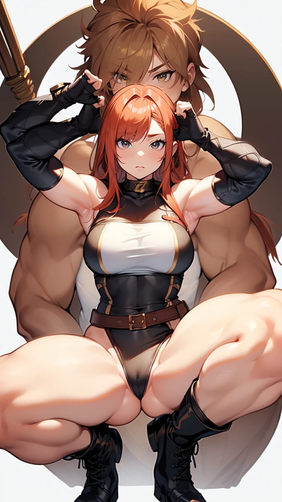(masterpiece), best quality, female warrior, dark fantasy, huge girl, female muscular:1.2, ginger hair, curvy:1.6, (thick thighs:1.6), (((blank background))), ((full body)), fingerless gloves, long boots, sleeveless, (straight hair), (fur top) , strapless top, (spread legs), (squatting), ((legs apart))