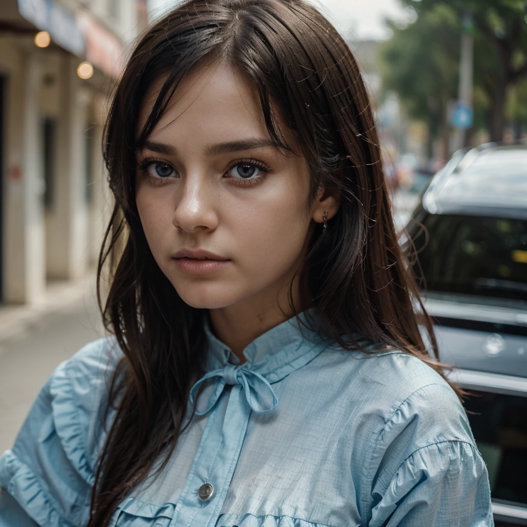 (black riders jacket:1.1), (masterpiece, best quality, pretty girl, beautiful face, 8k, raw photo, photorealistic, absurdres:1.2), teens, cowboy shot, dutch angle, facelight, film grain, chromatic aberration, highres, ultra detailed, finely detail, light blue frilled lace dress, detailed skin and eyes and face, sharp pupils, realistic pupils, sharp focus, street