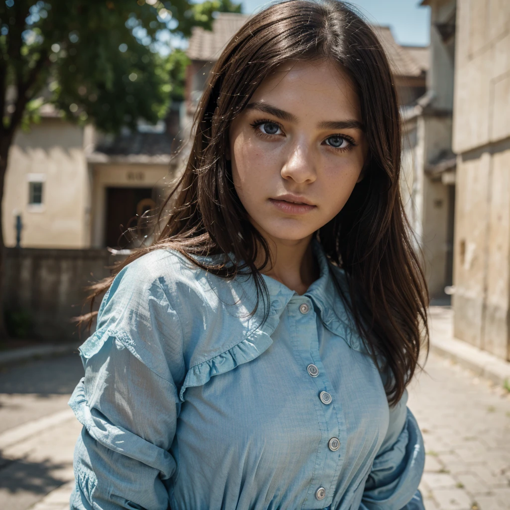 (black riders jacket:1.1), (masterpiece, best quality, pretty girl, beautiful face, 8k, raw photo, photorealistic, absurdres:1.2), teens, cowboy shot, dutch angle, facelight, film grain, chromatic aberration, highres, ultra detailed, finely detail, light blue frilled lace dress, detailed skin and eyes and face, sharp pupils, realistic pupils, sharp focus, street