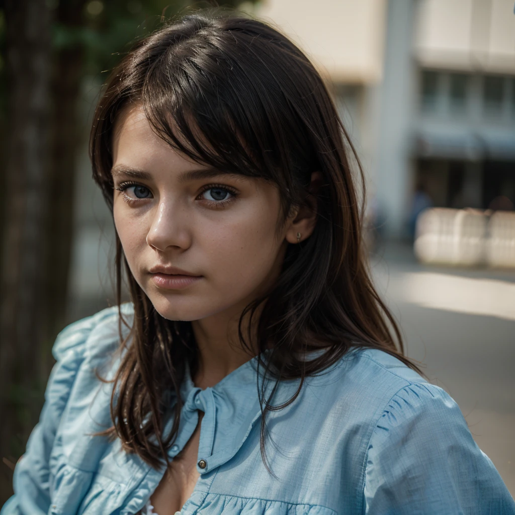 (black riders jacket:1.1), (masterpiece, best quality, pretty girl, beautiful face, 8k, raw photo, photorealistic, absurdres:1.2), teens, cowboy shot, dutch angle, facelight, film grain, chromatic aberration, highres, ultra detailed, finely detail, light blue frilled lace dress, detailed skin and eyes and face, sharp pupils, realistic pupils, sharp focus, street