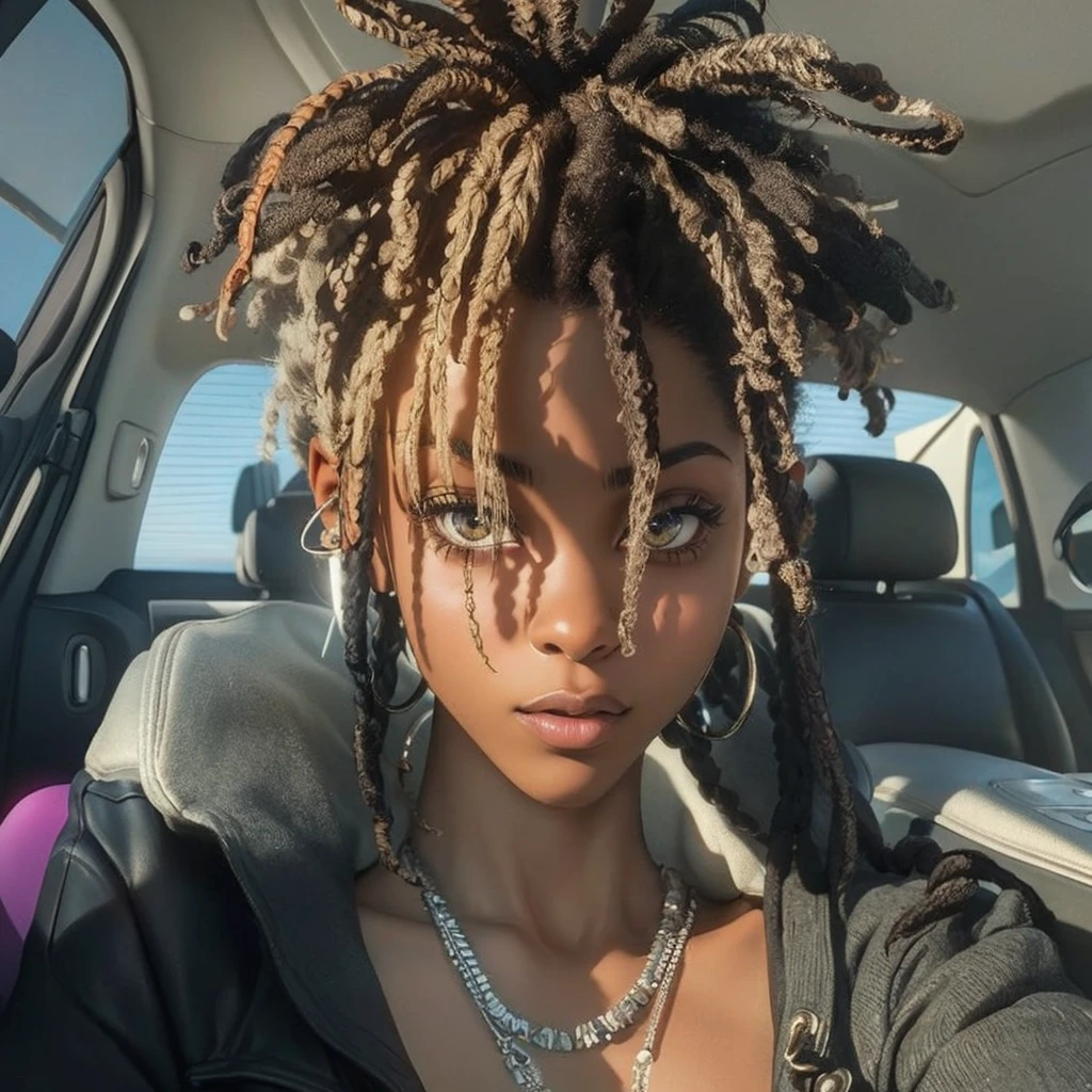 (masterpiece:1.2), (best quality), (ultra detailed), (8k, 4k, intricate),(full-body-shot:1), (highly detailed:1.2),(detailed background:1.2), araffe black woman with dreads smoking a cigarette in a car, willow smith young, short dreadlocks with beads, portrait willow smith, lots of dreadlocks on the head, portrait of willow smith, dreads, dreadlock black hair, red afro dreadlocks on fire, dreadlock hair, willow smith zendaya, dreadlocks, long dreadlocks, in style of tyler mitchell