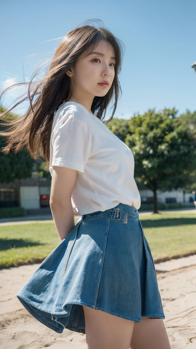 (((Low angle shooting、Looking into the camera:1.22,A strong wind is blowing from the front of the body、Clothes are loose)))、(((In 8K、Highest quality、masterpiece、Ultra-high resolution)))、(Realistic:1.4)、RAW Photos、(Real skin texture:1.3)、(Film Grain:1.3)、((Are standing、Skirt flutters in strong winds、Under the skirt、No underwear、Do not bend your legs、Don&#39;Don&#39;don&#39;t bend your knees、Spread your thighs、Beachside、))、One Girl、Beautiful and detailed eyes and face、masterpiece、Highest quality、close、thin、Japanese Uniform、dynamic、barefoot、Mr..々Pause、