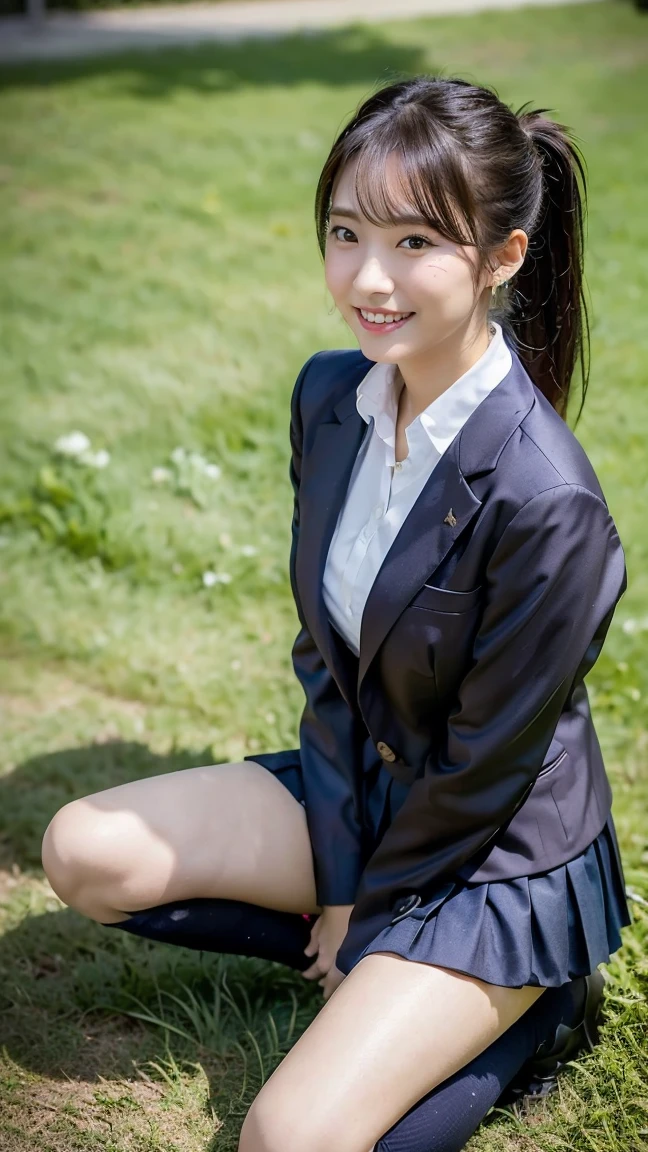 high detail、high quality、8K Photo、Anatomically perfect body、Japanese high school girls、One beautiful girl、smile、In uniform、(Brown blazer、Blue checked pleated skirt、Navy blue knee socks、Brown Loafers、ponytail、Double eyelids、White panties)、(Sitting on the grass、Raise your knees and sit with your buttocks on the ground1.5)、((Between the legs in detail、Thighs、between legs、the hem of the skirt rises、Absolutely front angle 1.5、Face the photographer、Angle from the ground1.5))