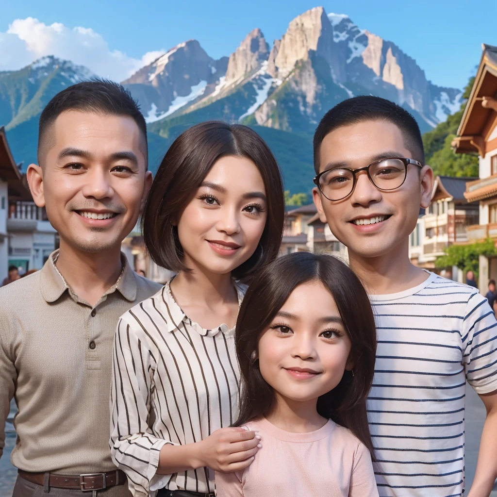 full body photos, realistic 3D caricatures. an ethnic Chinese family of 4 members consisting of father, mother, son and daughter. 50 year old father, thin buzzcut hair. Mother is 40 years old, long bob hair, shoulder length.