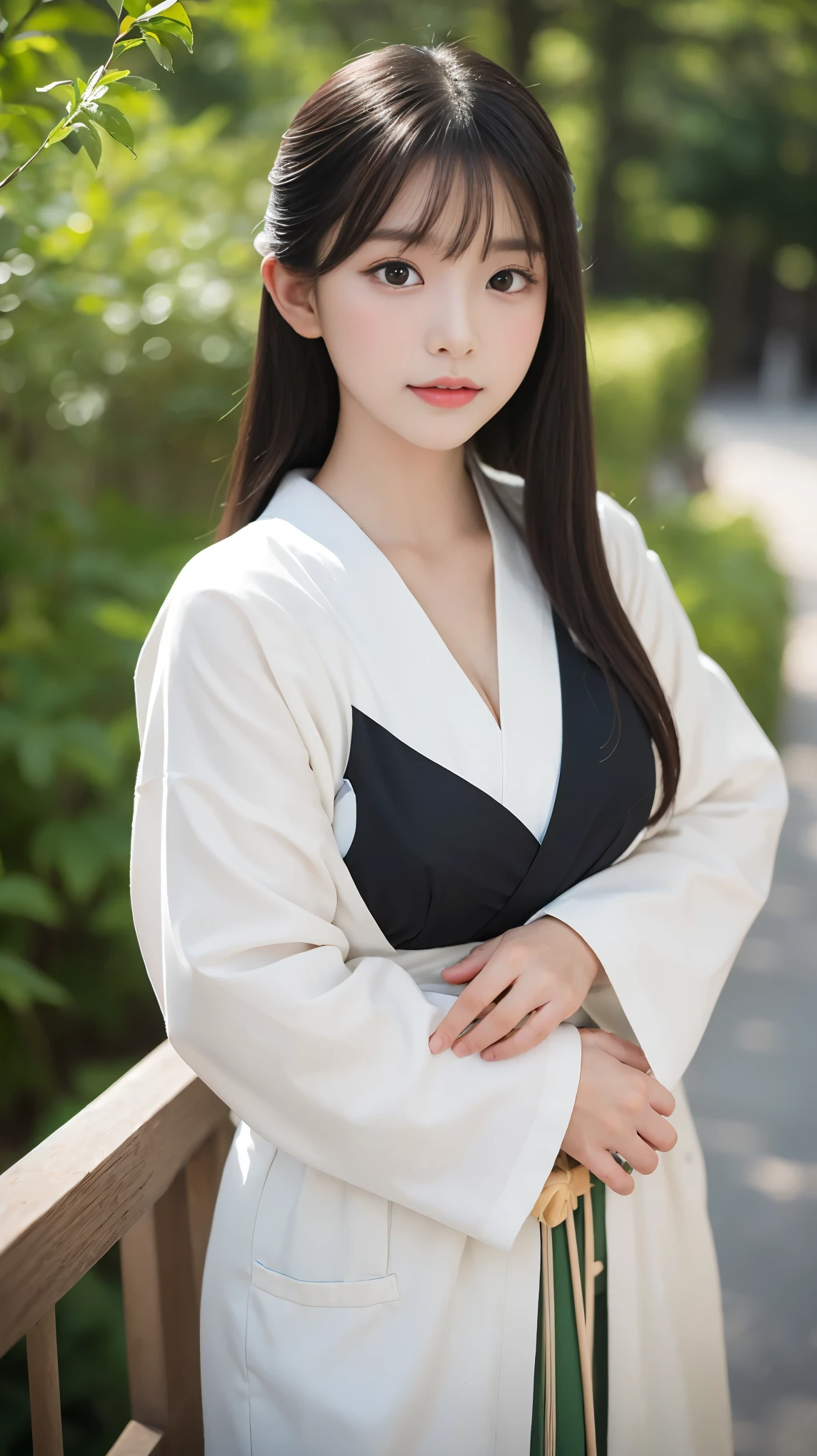 ((whole body)), (Firm and beautiful breasts, Fascinating Cleavage), Light brown hair, Blunt bangs, Hair behind the ear, Hair that falls over the shoulders, Long Hair, Slim figure, (Slim and beautiful thighs), (Ultra Fine Face, Thin face, Delicate lips, Beautiful Eyes), (Idol Face, Baby Face:1.5), ((Kyudo costumes:1.2)), blush, Light brown eyes, Perfect glowing skin, Perfect Skin, Shining Sweat, Gaze at the viewer, Ultra-thin needle, Very thin fingers, The optimal ratio is four fingers to one thumb, (Realistic:1.3), Finger Extensions, Broadleaf Forest, river, First Person View, fuji film, F/1.2, 8K, Tabletop, (Super detailed, high quality, 最high quality, High resolution), Professional photography techniques