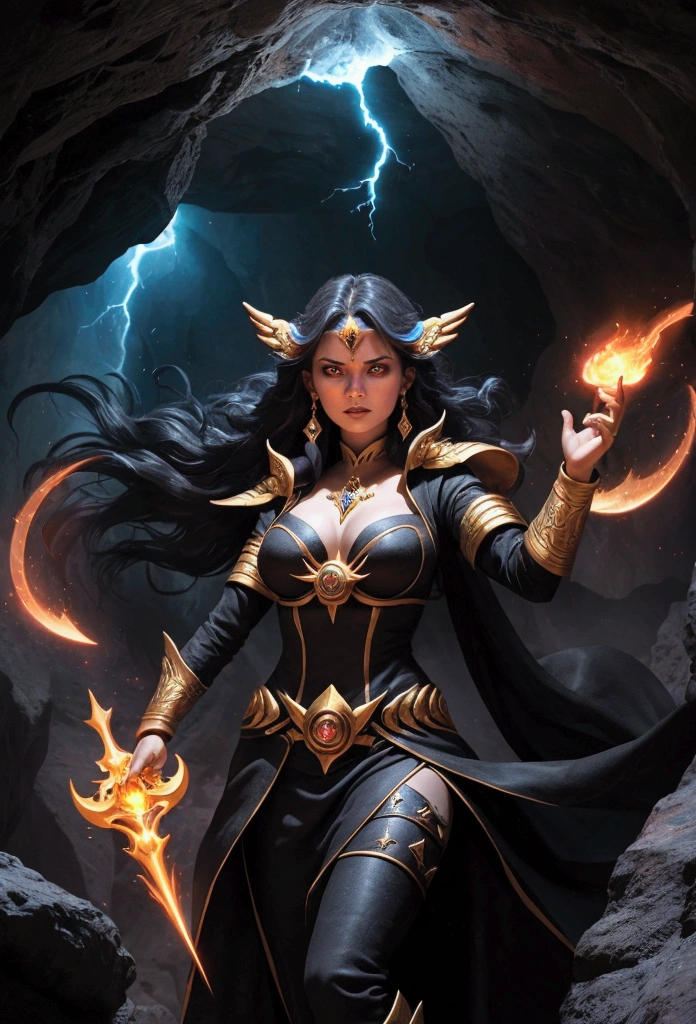 A captivating lady sorcerer, her eyes blazing with determination, raises her arms to the ceiling of a cave, summoning the full fury of the astra."
