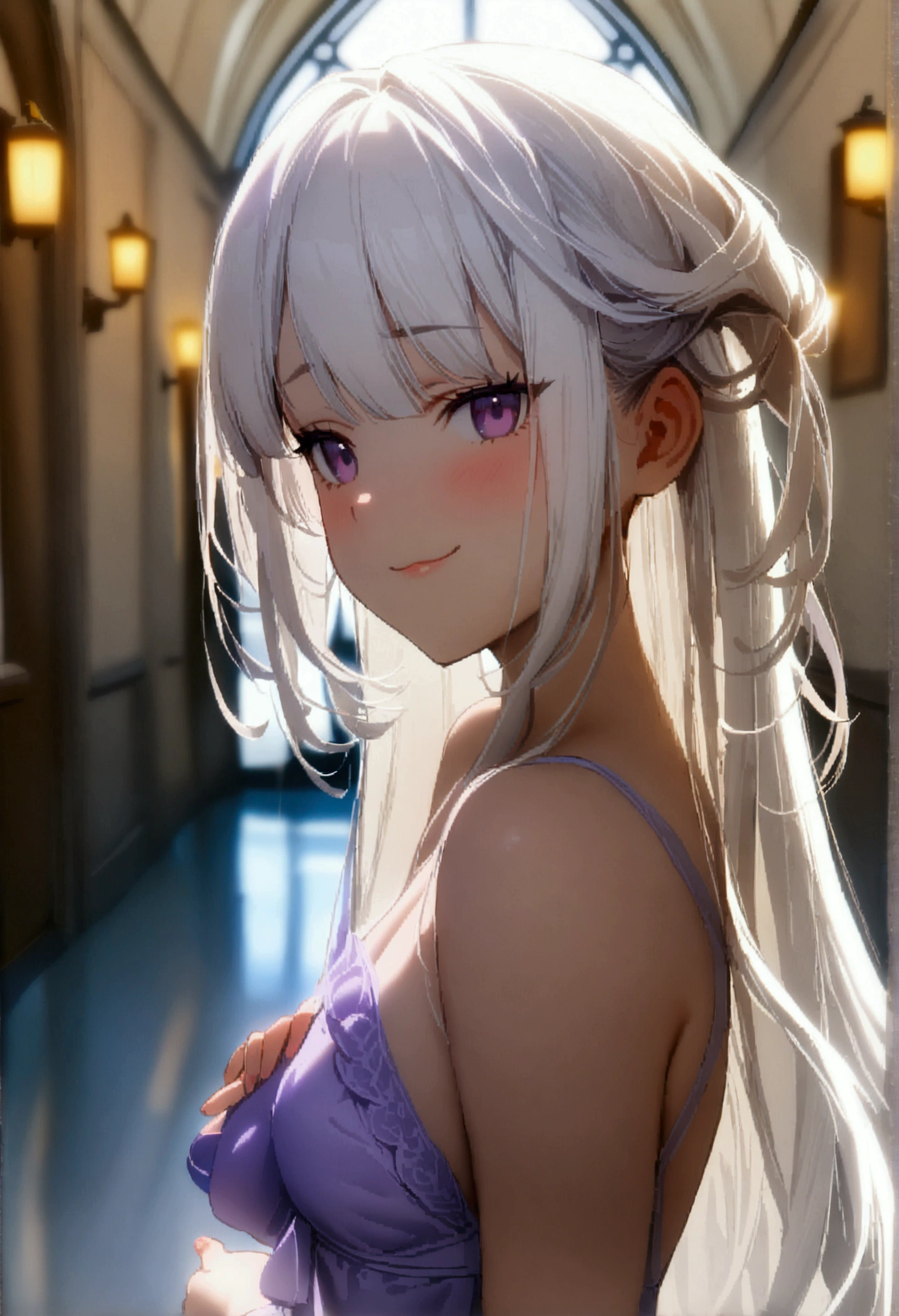 1 girl, ((Girl is short, cute, beautiful and attractive)), ((Girl purple eyes)) ((Girl has very long white hair, reaching ankle))((Girl hair is floaty and thick))((White hair)), ((Girl is wearing a cute light purple dress)), ((Hallway))((Blurry Background)), ((Girl is smirking)), ((Girl is crossing arms)), 8k, masterpiece, dim lighting