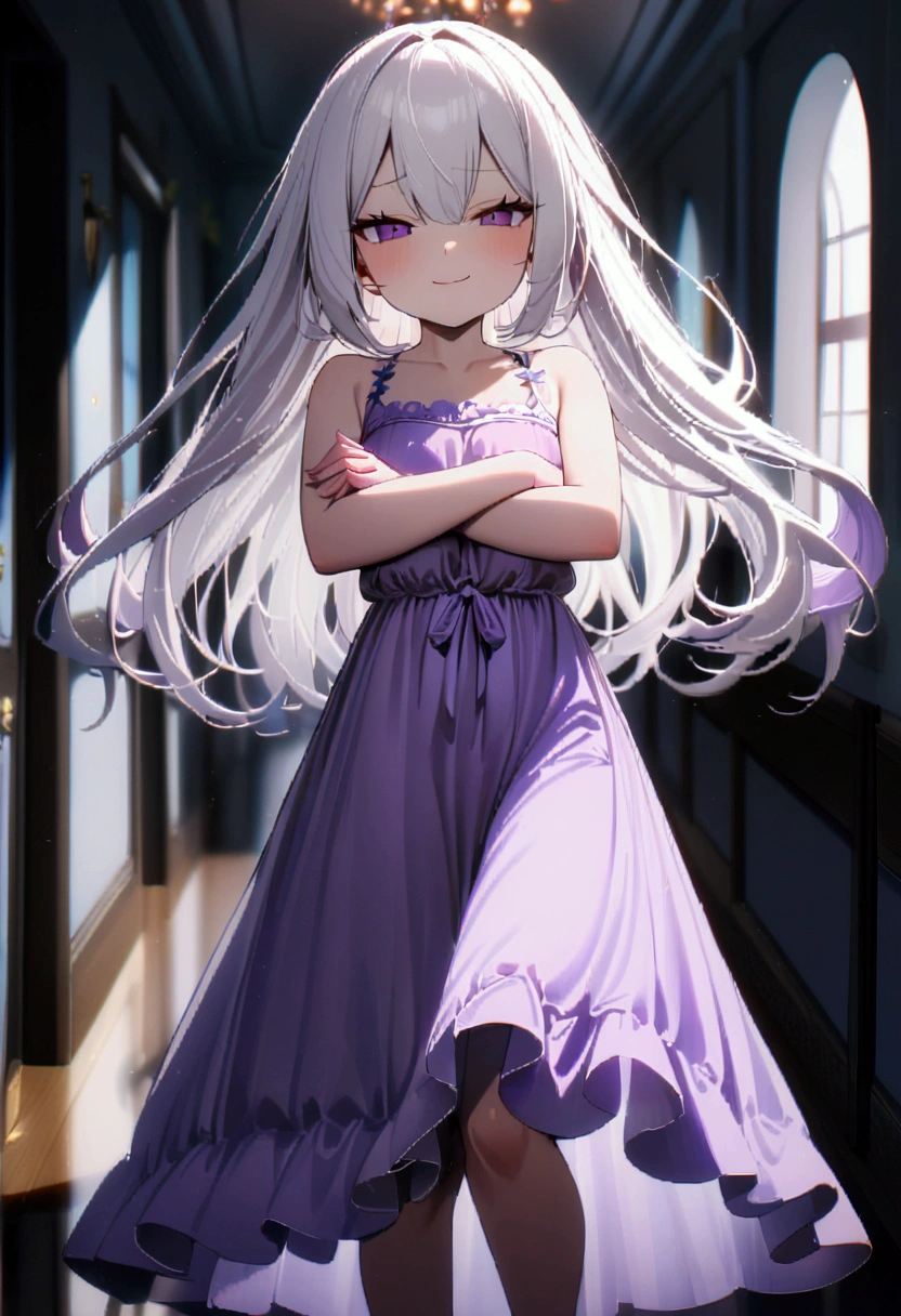 1 girl, ((Girl is short, cute, beautiful and attractive)), ((Girl purple eyes)) ((Girl has very long white hair, reaching ankle))((Girl hair is floaty and thick))((White hair)), ((Girl is wearing a cute light purple dress)), ((Hallway))((Blurry Background)), ((Girl is smirking)), ((Girl is crossing arms)), 8k, masterpiece, dim lighting