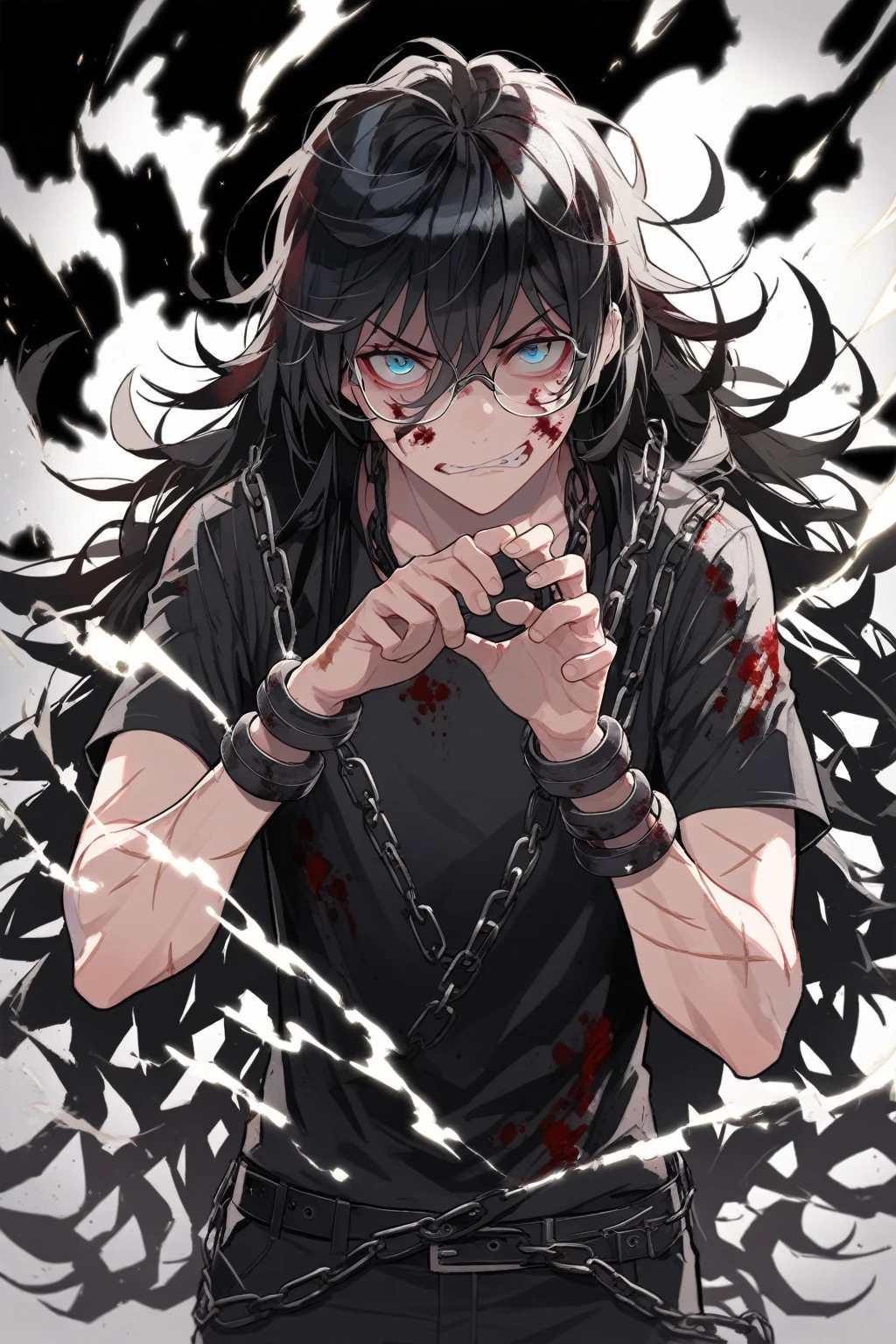 1 guy, blue eyes, black hair, wears glasses, a lot of scars on his face, long hair disheveled, male build, looks at the viewer, angry face, rage, smoke, dressed in a black T-shirt, chains on his hands, black pants, black background, blood on clothes, blood on cheek, shadowed face, detailed, beautiful, delicate tones