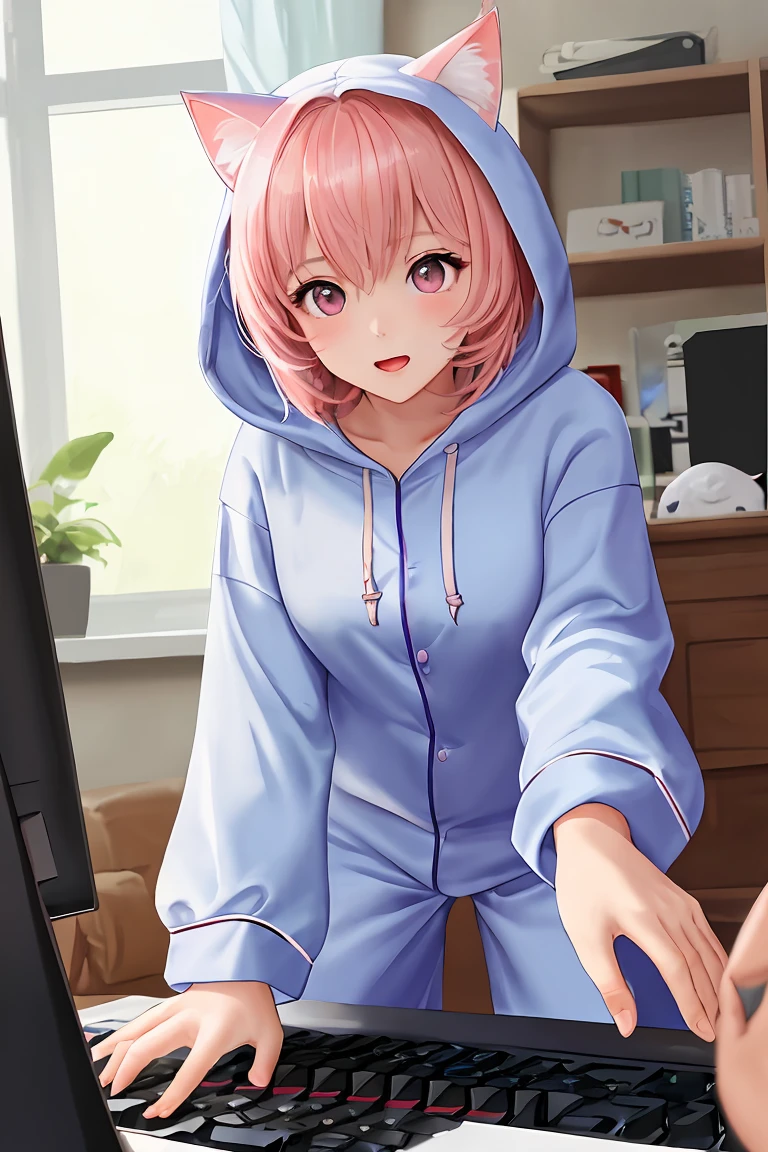(score_9,score_8_up,score_7_up,score_6_up,score_5_up,score_4_up),masterpiece, top quality, best quality, official art, beautiful and aesthetic, animation, , 1girl with cat ear, perfect figure, pink hair, complicated details, living room, female wearing a wide hooded pajamas, sitting on the carpet, holding a plush toy in her hand, with a gentle smile on her face ,
