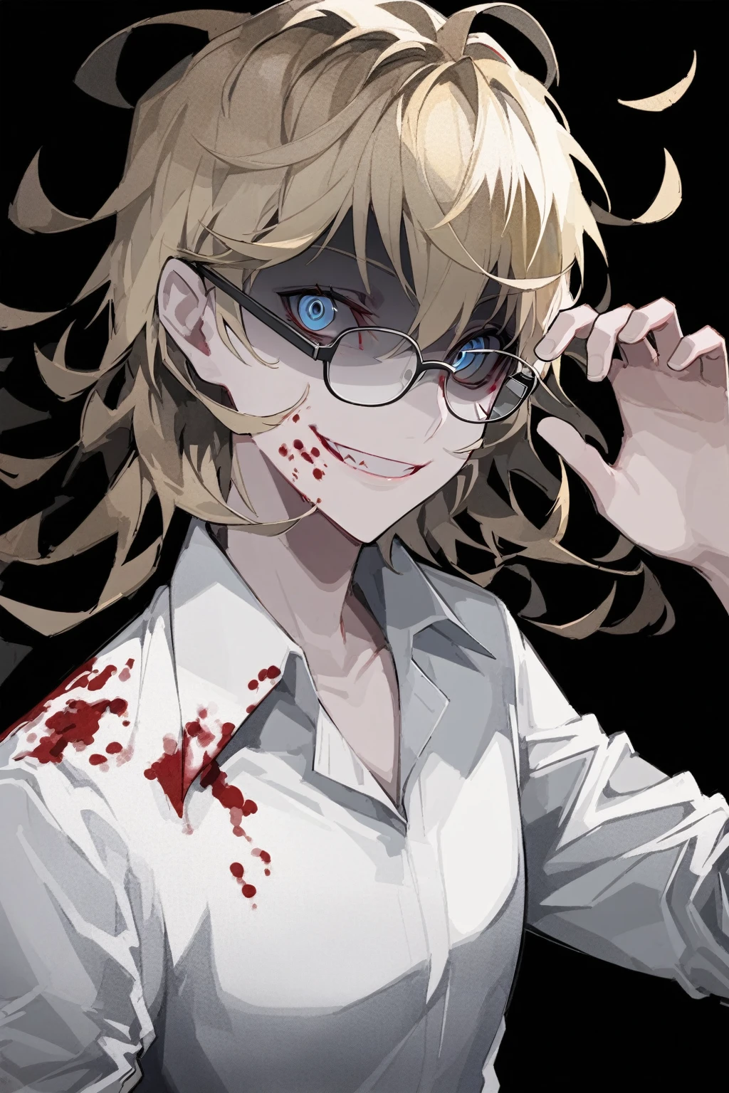1 guy, blue eyes, blond hair, wears glasses, shoulder-length disheveled hair, male build, looks at the viewer, sly grin, creepy, dressed in a white shirt, black pants, black background, blood on clothes, blood on cheek, shaded face, detailed, beautiful, delicate tones