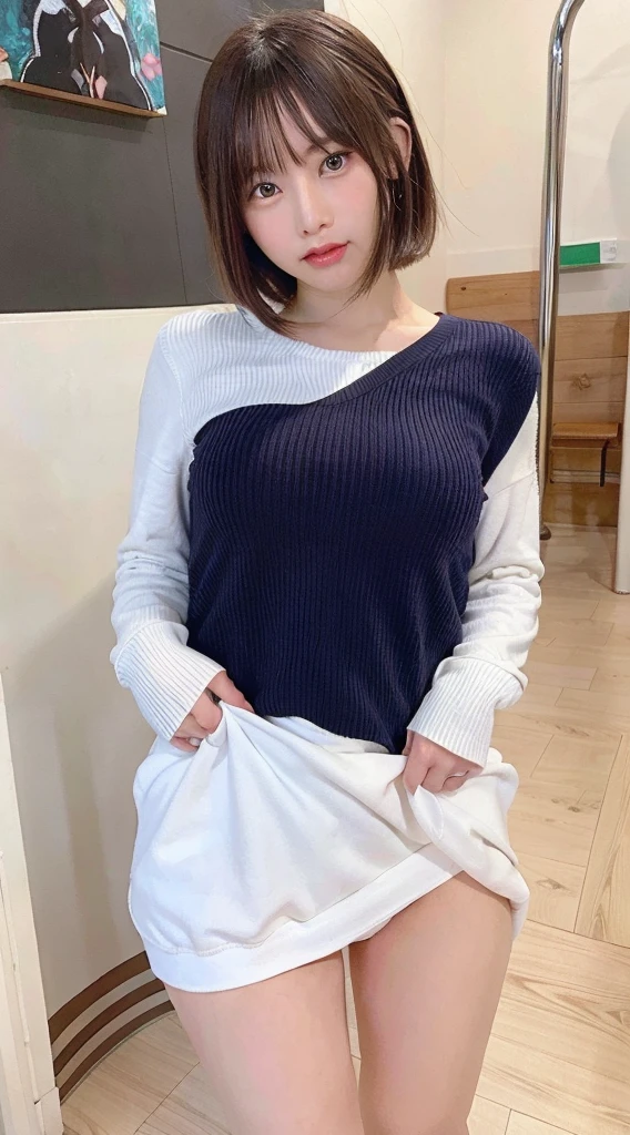 the Extremely Detailed CG Unity 8K Wallpapers、top-quality、ultra-detailliert、​masterpiece、realisitic、Photo Real、Very detailed cute lady、20yr old、、((skirt lift by yourself)))、(Lifted by yourself)、White  Panties、panties focus、red blush、cparted lips、looking at the viewers、Semi-body shot、(Large crowds)、(Crowded museums)、Short bob cut、Point your body at the camera