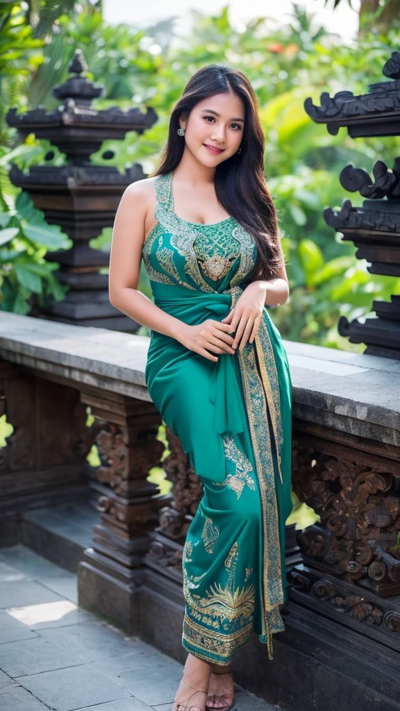masterpiece, malaysian girl, indonesian girl ,ultra realistic,32k,intricate details, sharp focus, realistic, closed, straight ahead pose, black eyes, jewelr, lips, realistic, looking_at_viewer, wet skin, shiny skin, SHORT SLEVES, indonesian clothes, bali, balinese, cityscape, transparent standing pose,((blue green kebaya)),full body,busty body,curvy body,long hair,beauty face, smile