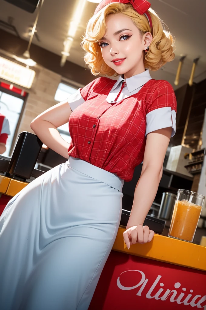 FIX background, woman in a red shirt and black  serving burgers, serving happy meals, operating on burgers, serving fries, commercial photo, candid shot, crisp detail, serving big macs, advertising photo, at the counter, fan favorite, wearing rr diner uniform, crisp details, looking partly to the left, by norman rockwell, working at mcdonalds