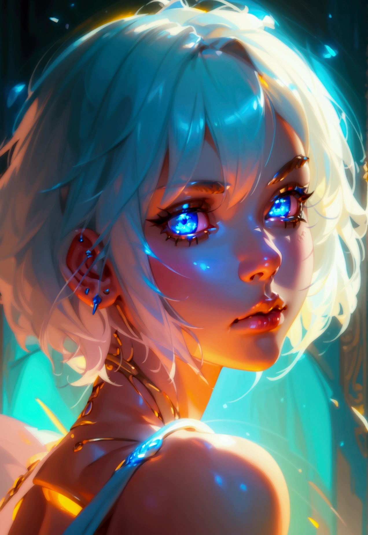 a beautiful girl with short white hair, piercing blue eyes, cinematic lighting, intricate details, glowing skin, 1girl, beautiful detailed eyes, beautiful detailed lips, flawless skin, high quality, 8k, ultra-detailed, HDR, studio lighting, vivid colors, cinematic lighting, fantasy, digital painting