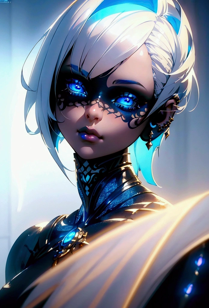 a beautiful girl with short white hair, piercing blue eyes, cinematic lighting, intricate details, glowing skin, 1girl, beautiful detailed eyes, beautiful detailed lips, flawless skin, high quality, 8k, ultra-detailed, HDR, studio lighting, vivid colors, cinematic lighting, fantasy, digital painting