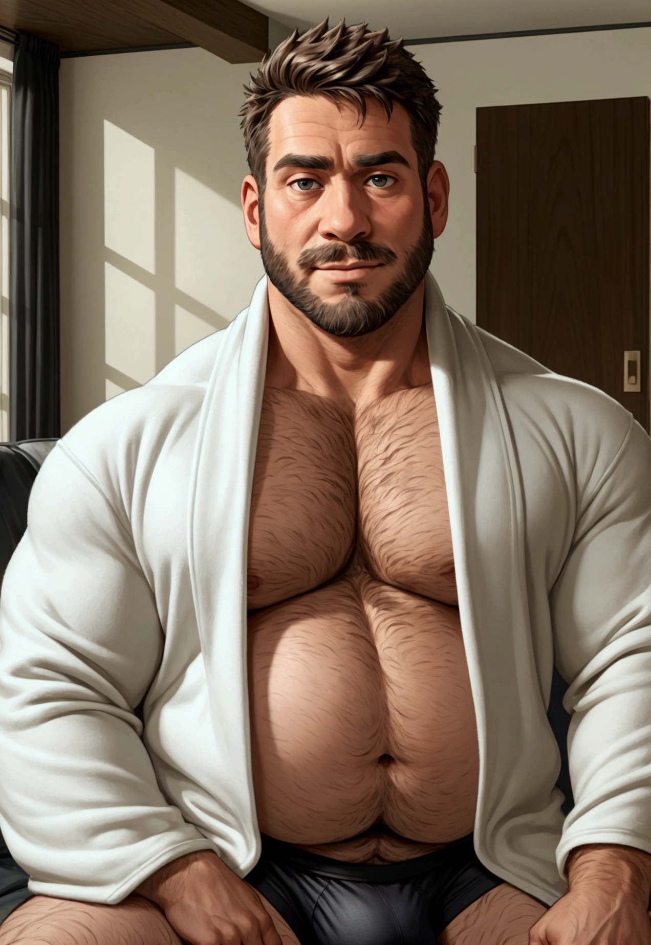 40 years old white Male, tall, giant body, handsome, dad bod, beefy, strong arms and legs, wide shoulders, a bit chubby muscle gut, a bit of fat but still very muscular, extremely hairy, (a lot of body hair), short beard, wearing an untie black bathrobe with long sleeves, wearing a black boxer brief, (unrealistic oversized big bulge), barefoot, smirking, modern minimalist living room