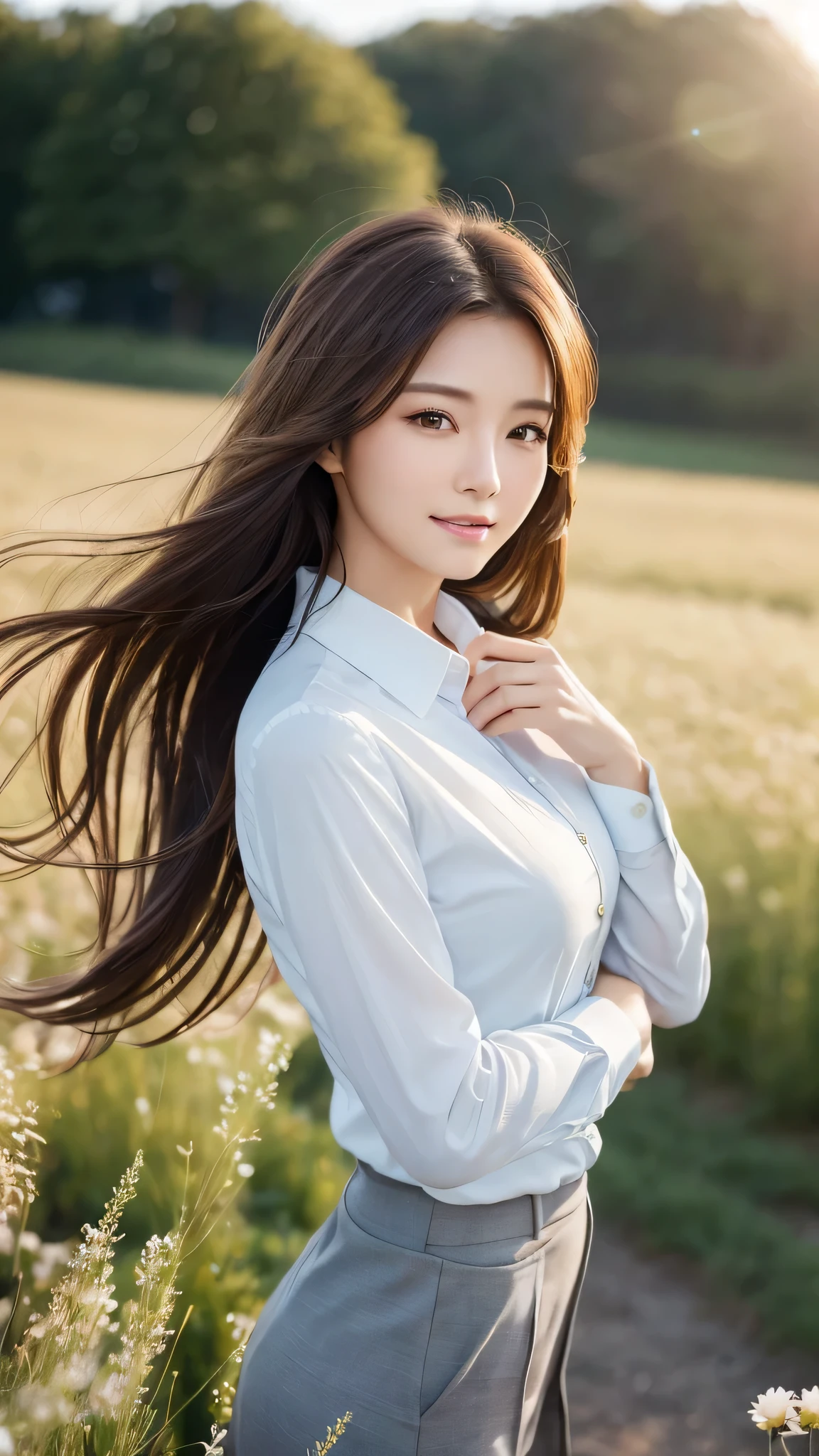 highest quality、genuine、Super detailed、finely、High resolution、8k wallpaper、one beautiful woman、、、light brown disheveled hair、wearing a business suit、sharp focus、perfect dynamic composition、beautiful and detailed eyes、thin hair、Detailed genuine skin texture、smile、model body shape、In a windswept meadow