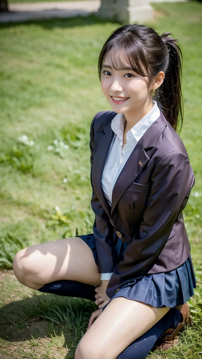 high detail、high quality、8K Photo、Anatomically perfect body、Japanese high school girls、One beautiful girl、smile、In uniform、(Brown blazer、Blue checked pleated skirt、Navy blue knee socks、Brown Loafers、ponytail、Double eyelids、White panties)、(Sitting on the grass、Raise your knees and sit with your buttocks on the ground1.5)、((Between the legs in detail、Thighs、between legs、the hem of the skirt rises、Absolutely front angle 1.5、Face the photographer、Angle from the ground1.5))