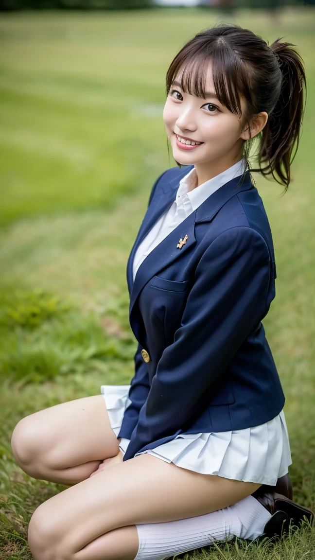 high detail、high quality、8K Photo、Anatomically perfect body、Japanese high school girls、One beautiful girl、smile、In uniform、(Brown blazer、Blue checked pleated skirt、Navy blue knee socks、Brown Loafers、ponytail、Double eyelids、White panties)、(Sitting on the grass、Raise your knees and sit with your buttocks on the ground1.5)、((Between the legs in detail、Thighs、between legs、the hem of the skirt rises、Absolutely front angle 1.5、Face the photographer、Angle from the ground1.5))