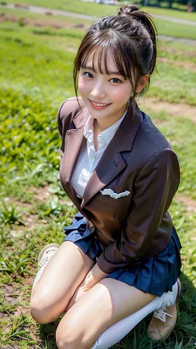 high detail、high quality、8K Photo、Anatomically perfect body、Japanese high school girls、One beautiful girl、smile、In uniform、(Brown blazer、Blue checked pleated skirt、Navy blue knee socks、Brown Loafers、ponytail、Double eyelids、White panties)、(Sitting on the grass、Raise your knees and sit with your buttocks on the ground1.5)、((Between the legs in detail、Thighs、between legs、the hem of the skirt rises、Absolutely front angle 1.5、Face the photographer、Angle from the ground1.5))