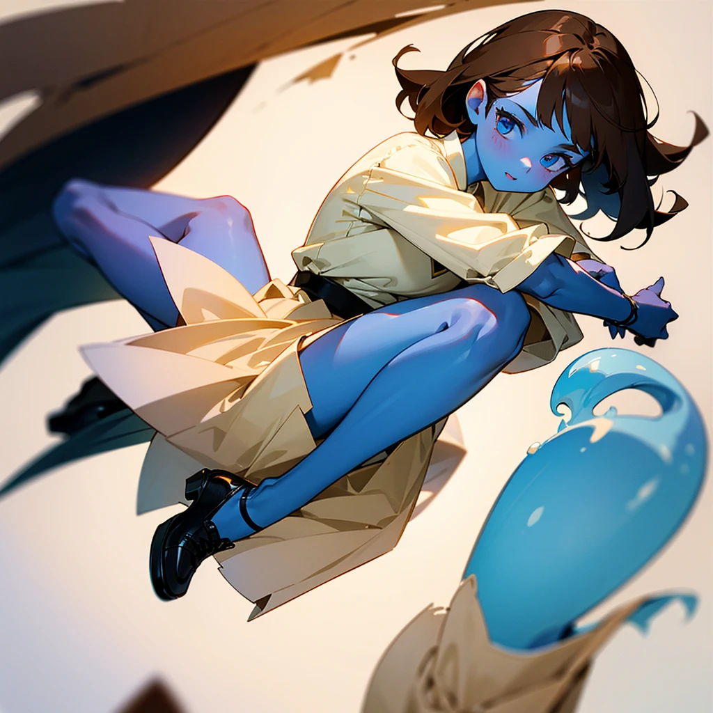 girl with brown hair, blue skin, cream colored skin, wearing a white shirt, wearing a long black skirt, wearing shoes