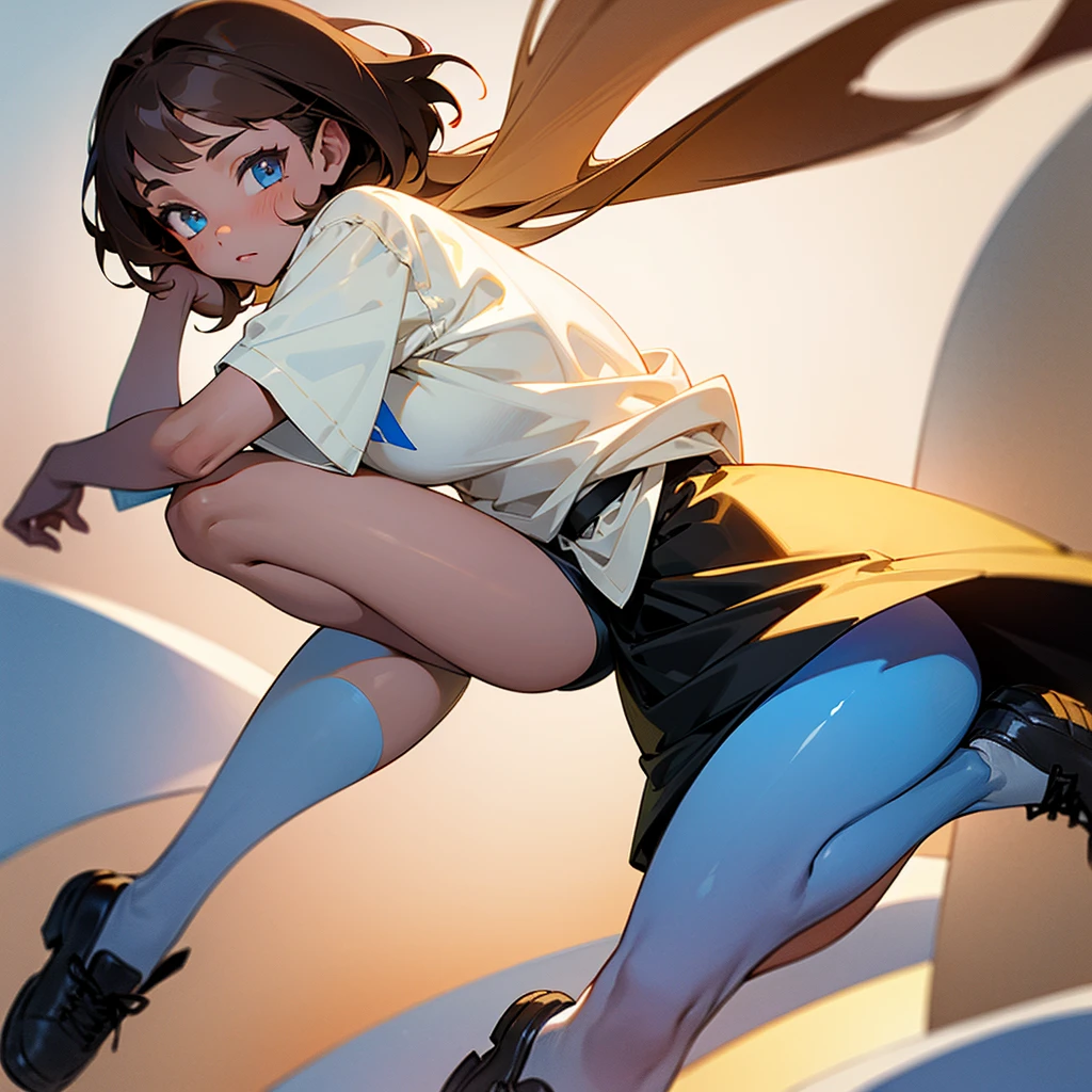 girl with brown hair, blue skin, cream colored skin, wearing a white shirt, wearing a long black skirt, wearing shoes