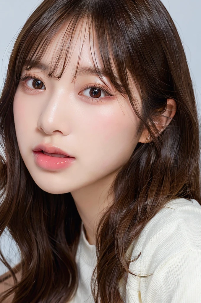 high-level image quality, 1 female college student who opens her big mouth and sticks out her long tongue, Wavy Hair, ((Detailed face:1.2)), pale skin, (cold color), moist, reflector stay piece, (perfectly proportions), (photos realistic), (Best Quality), photographed in a Canon EOS R5, 50mm Lens, (8K), very long upper eyelashes, very long lower eyelashes, Detailed lashes, Curled eyelashes, Natural eyes, very beautiful eyelashes