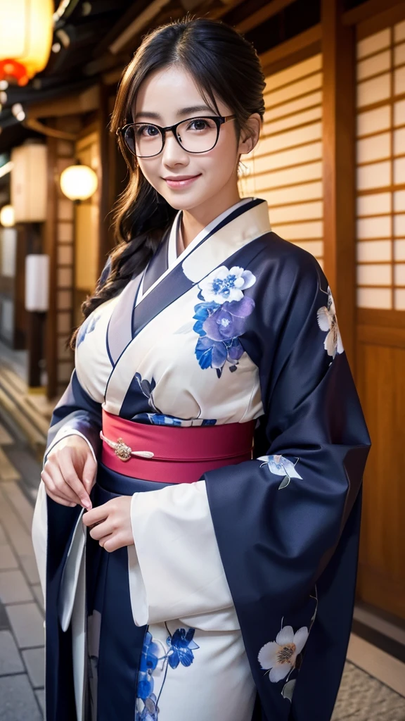 (Super beautiful woman in kimono)、((highest quality、8K masterpiece:1.3))、sharp focus:1.2、(super beautiful face:1.0)、(shiny skin:1.0)、realistic pictures、black hair、video lighting、High resolution eyes and face、video lighting、japanese actress、from the front、big breasts、with a happy smile、Slender abs beauty、whole body、wearing a kimono、in Kyoto、(((luxury obi)))、In Kyoto at night、wearing glasses with no edge、with a fan