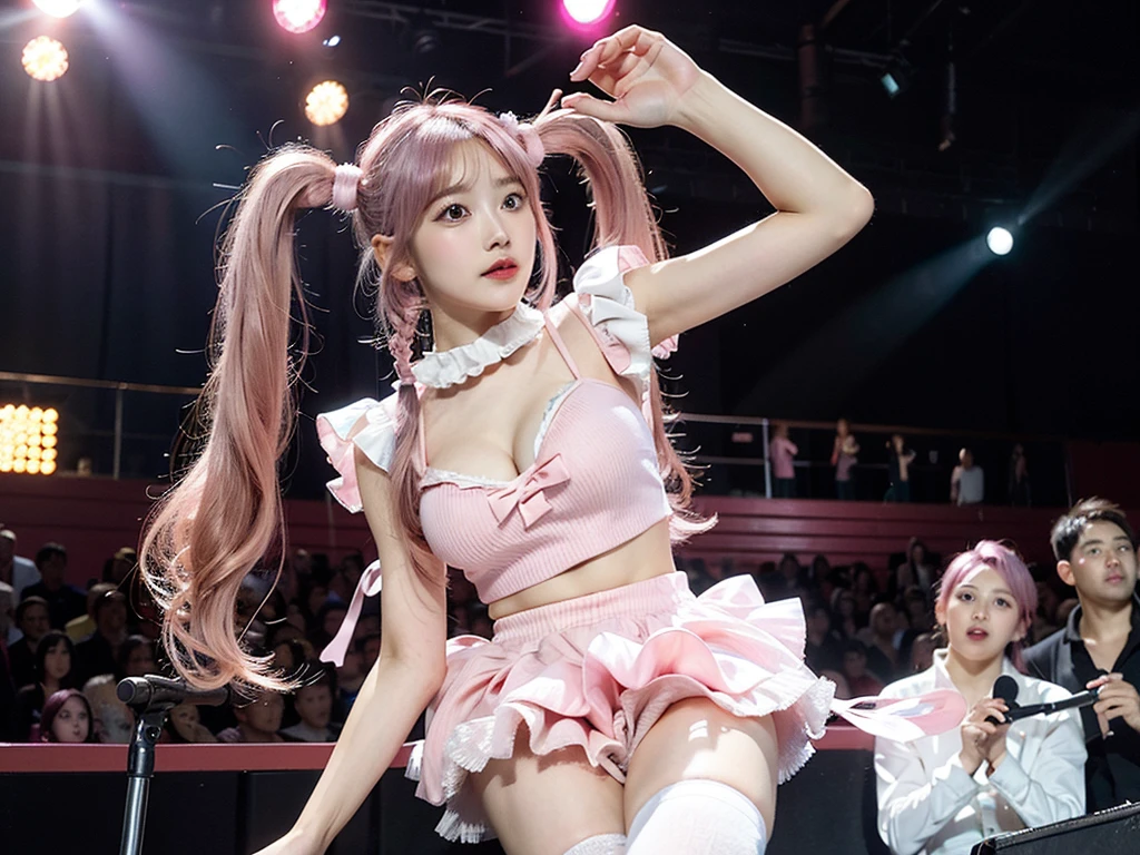 Shot with a top-of-the-line camera. highest quality, ultra-detailed, intricately detailed, high resolution, 8k, One woman. (very large breasts:1.3), A youthful look of about . Slim and well-proportioned, (pink hair in twintails:1.3), fair skin. She is wearing a pink frilled mini-skirt dress. She is singing on the stage of a live venue, illuminated by the many lights of the live show.