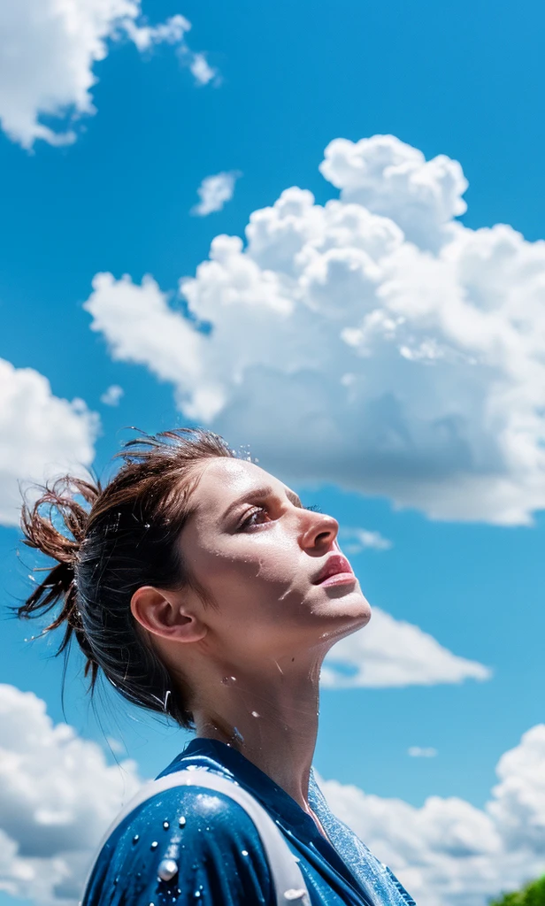 water, wet, splashing, liquid, sunny, day, blue sky, clouds, nature, natural setting, (character focus:1.1), sharp focus, realistic, highly detailed, ultra detailed, best quality, highest quality, realistic lighting, hyperdetailed, hyperrealism, greg rutkowski