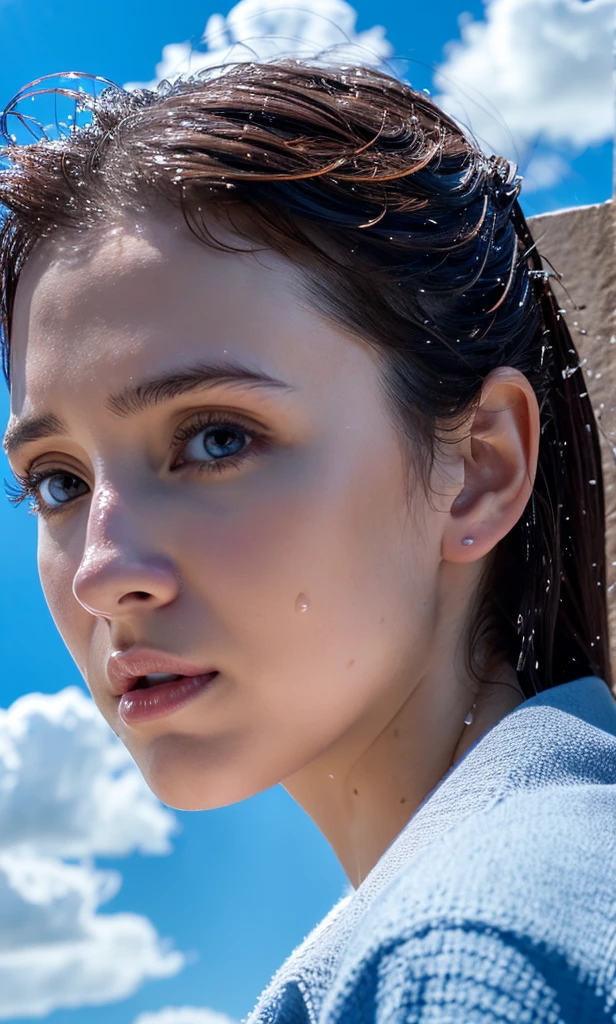 water, wet, splashing, liquid, sunny, day, blue sky, clouds, nature, natural setting, (character focus:1.1), sharp focus, realistic, highly detailed, ultra detailed, best quality, highest quality, realistic lighting, hyperdetailed, hyperrealism, greg rutkowski