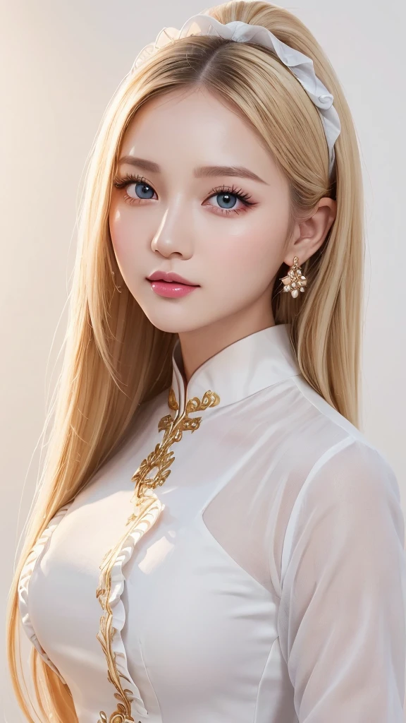 (((White background、China dress、Ao Dai、race、Frills、forehead、White Blonde、Blonde、White Background、Cowboy Shot、amount)))、amount、Northern Europe、Russia、beautiful girl、Platinum Blonde Hair、Straight Long Hair、Big Blue Eyes、Northern Europeの若者、Glowing Skin、Young and beautiful skin、A perfect and beautiful little face、Bright makeup、Pale pink lips、Bright expression、lipstick、Golden Hour Lighting、Movie Light、Intricate details、High resolution、 Detailed features of face design、Big Breasts