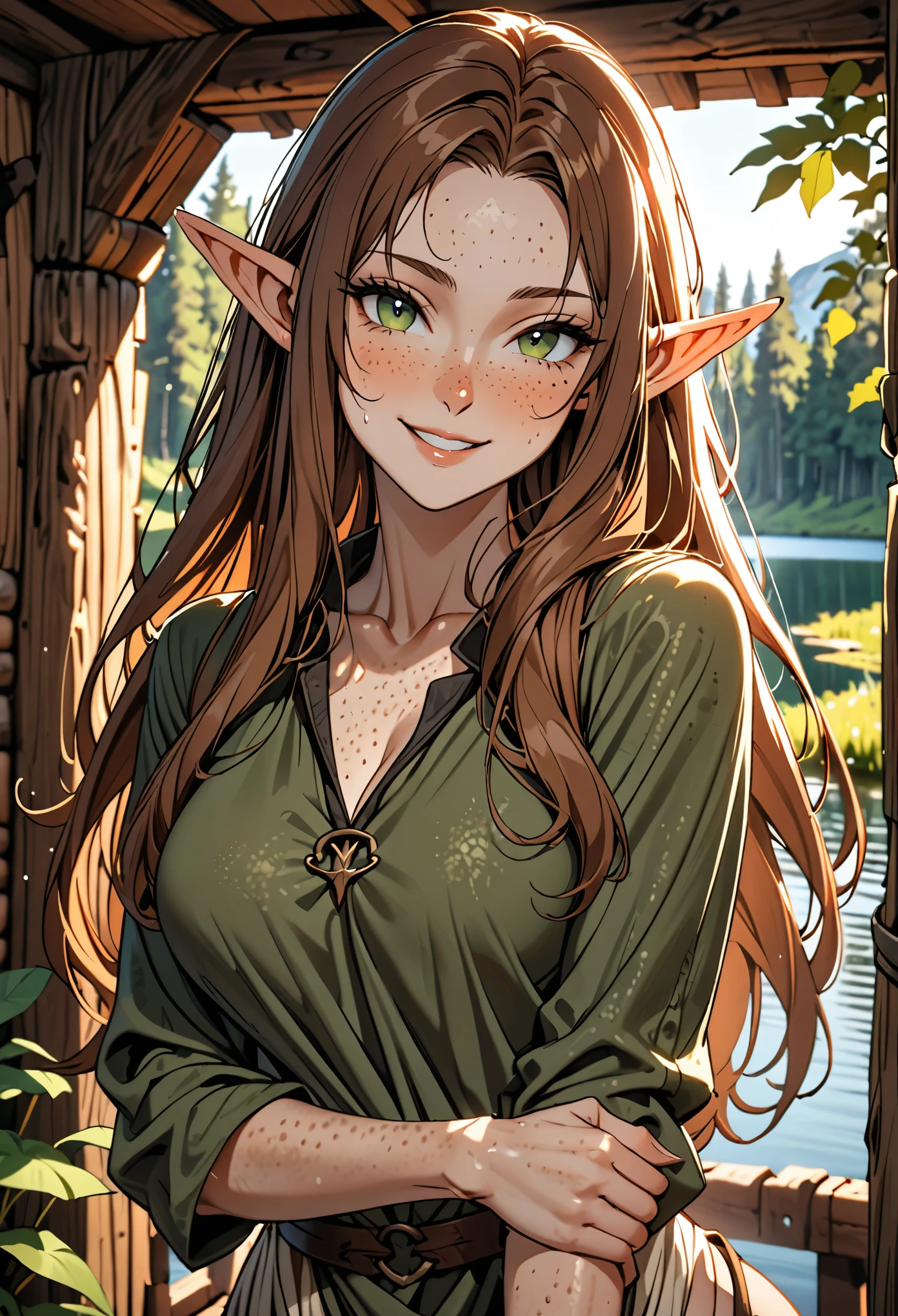 solo, female, elf, huge pointed ears, medium breasts, long hair, brown hair, dark green eyes, freckles, medieval, sweat, come hither, close up, sexy pose, lake, forest, onlyfans, sackcloth shirt, inside cabin, wide smile, verytall, slender, parted lips