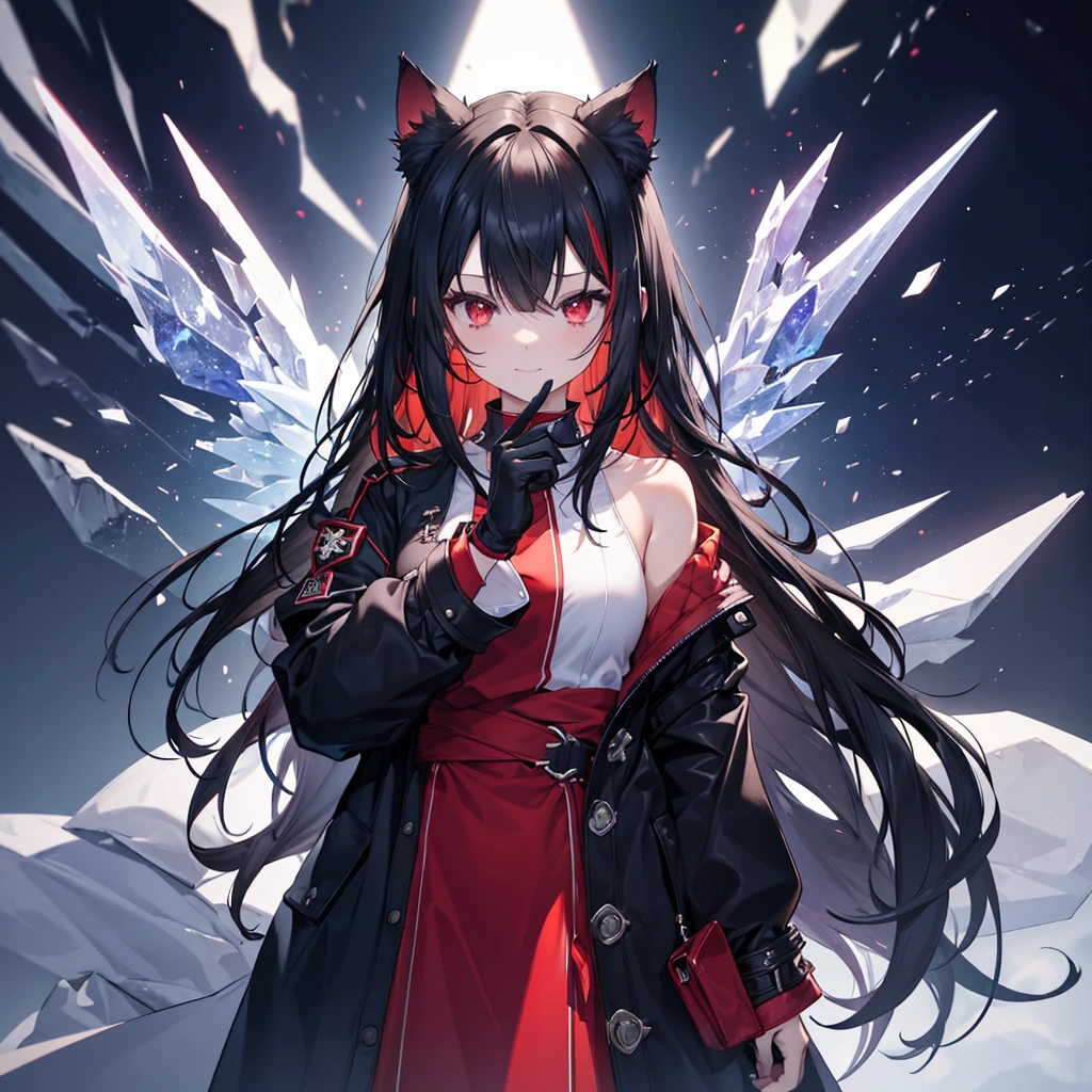 (((Fantasy Black Hair Dye the inside of your hair red Long Hair Dull red eyes Cat ear Beastman pad))) ((I have a crystal uniform Put on a coat without putting your arms through it Wings many times larger than mine Center close-up)) ((smile gloves)) (Light star) Catch the wind Shining Background Lightの粒子, rainbow colored edges