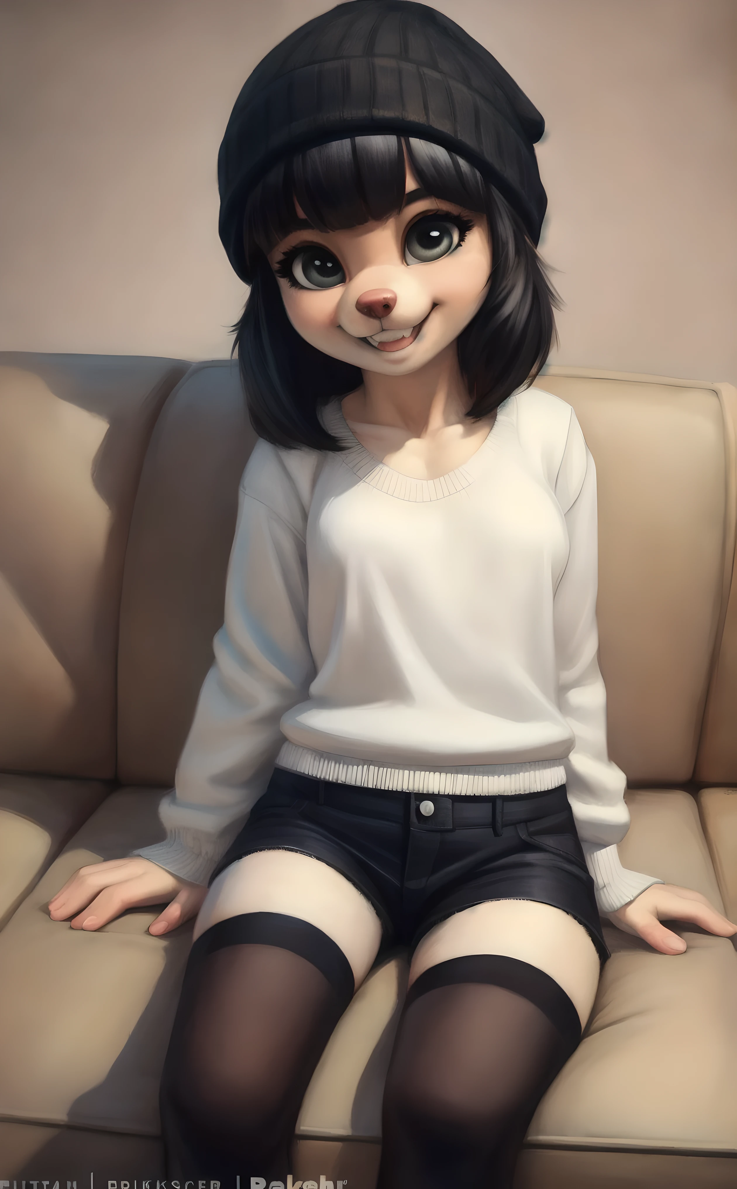 8k.4k,((Best quality, masterpiece, ultra high resolution)),((full body)),sitting in a couch,by pixelsketcher, fifi,tail, animal ears, dog girl, black thighhighs,dog ears, dog tail, furry, furry girl, toddler, beanie ,black shorts,white skin, white fur,black hair,grey sweater,smile,teeth,,small breast, flat chest, bangs, showing , unzipped shorts, white panties