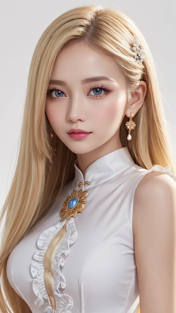 (((White background、China dress、Ao Dai、race、Frills、forehead、White Blonde、Blonde、White Background、Cowboy Shot、amount)))、amount、Northern Europe、Russia、beautiful girl、Platinum Blonde Hair、Straight Long Hair、Big Blue Eyes、Northern Europeの若者、Glowing Skin、Young and beautiful skin、A perfect and beautiful little face、Bright makeup、Pale pink lips、Bright expression、lipstick、Golden Hour Lighting、Movie Light、Intricate details、High resolution、 Detailed features of face design、Big Breasts