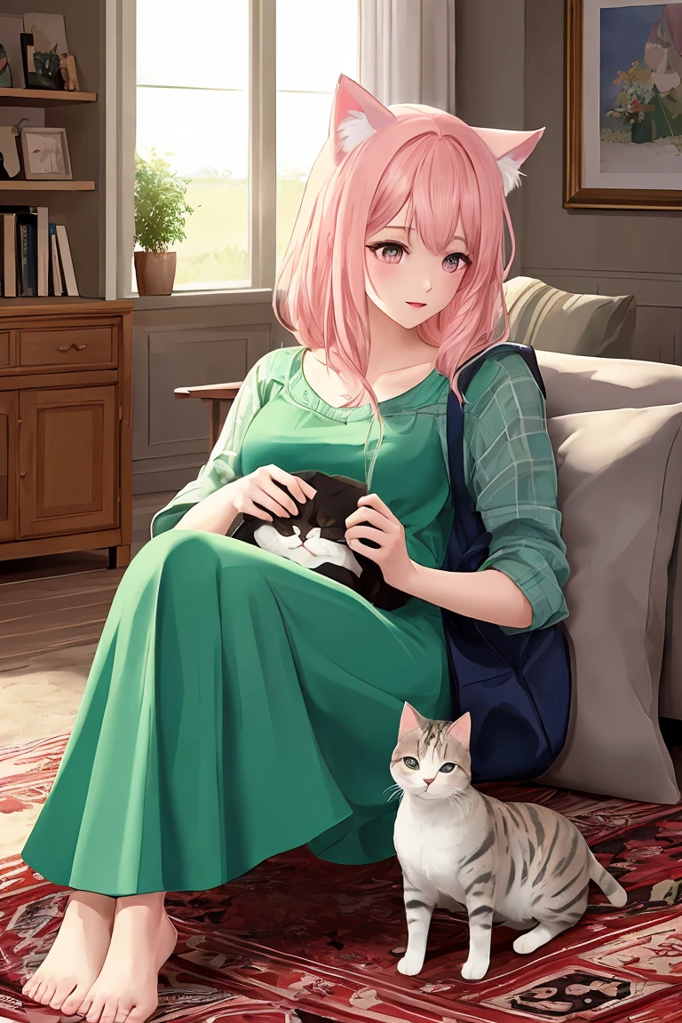 (score_9,score_8_up,score_7_up,score_6_up,score_5_up,score_4_up),masterpiece, top quality, best quality, official art, beautiful and aesthetic, animation, , 1girl with cat ear, perfect figure, pink hair, complicated details, living room, sitting on the carpet, holding a pillow in his hand, gently answering male brother's question ,