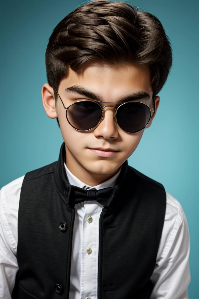 16 Year Young Boy And His Face Is Circle Shape, Hair Is On His Eyebrow Note;- Funny Face,Vest Color Black, Circle Sunglasses
