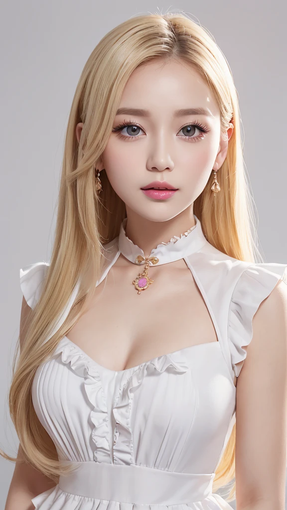 (((White background、China dress、Ao Dai、race、Frills、forehead、White Blonde、Blonde、White Background、Cowboy Shot、amount)))、amount、Northern Europe、Russia、beautiful girl、Platinum Blonde Hair、Straight Long Hair、Big Blue Eyes、Northern Europeの若者、Glowing Skin、Young and beautiful skin、A perfect and beautiful little face、Bright makeup、Pale pink lips、Bright expression、lipstick、Golden Hour Lighting、Movie Light、Intricate details、High resolution、 Detailed features of face design、Big Breasts