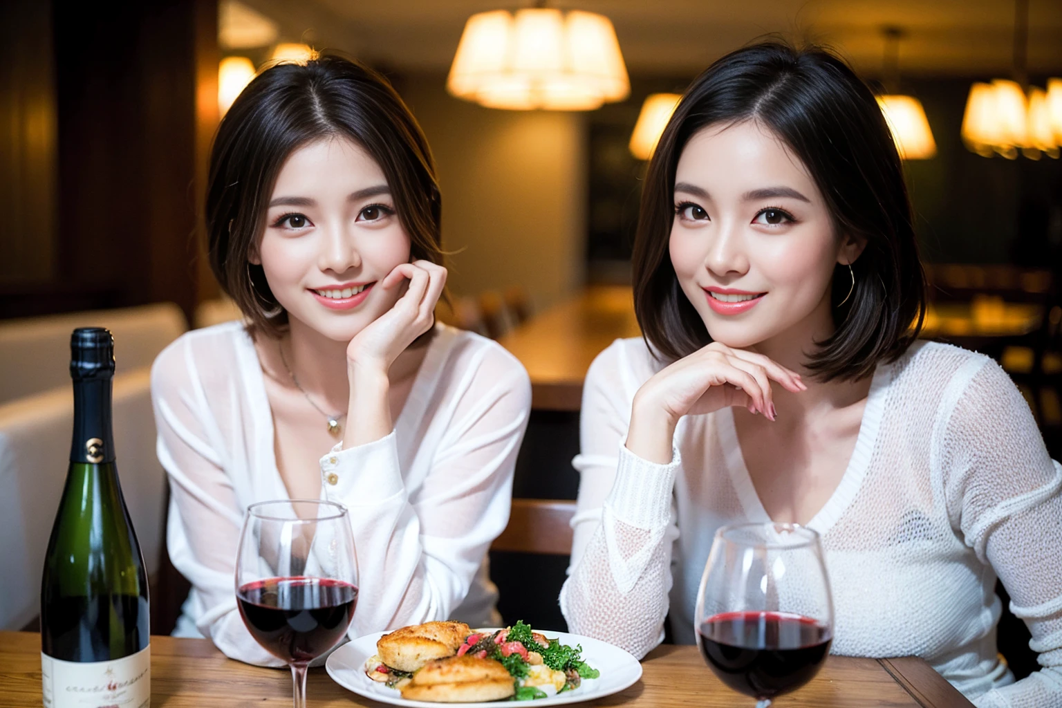 ((Highest quality、8K、masterpiece:1.3))、Shortcuts、cute、slimカップル、modelカップル、actress男優、(Realistic, Intricate details:1.2), full-course dinner、Wine Party、Amazing view of the sunset sky and clouds、A bright smile、short hair,Bright Face、 (Age 45), 42 years old, red wine 、Appetizers、Italian food、Wine bottle、Champagne、sparkling wine、Two beauties、Brown Hair、Shortcuts、Long sleeve shirt、dress、Beautiful woman 1, (slimな顔), (The body is slim), (Brown Hair), (Shortcuts), cheeks turn a little red,Attractive beauty、restaurant, In a prominent place (From the waist up) Nova Frog Style, actress, model, Upper Body, White wine, slim, wine glass, 中央に置かれたwine glass, smile, (smile: 1.15), Beautiful fine grain, Depth f/2,saturation, High Contrast, Strong light and shadow,Moist Body:1.5、3D texture、Delicate eyes、Brown Hair、The hair is very shiny、